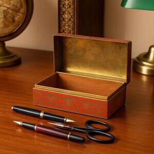 Vintage Indian 1930s Kashmiri Lacquered Papier-Mâché & Brass Box, 6.5x4x2”